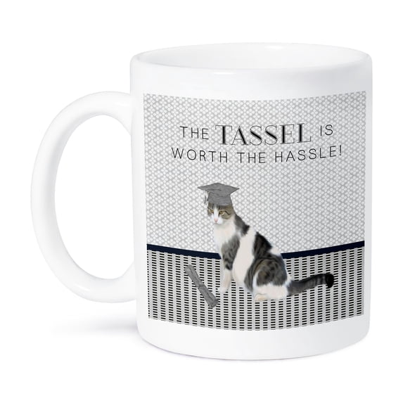 3dRose, Black and White Cat, Cap and Diploma ,Tassel Worth the Hassle, 15oz Mug