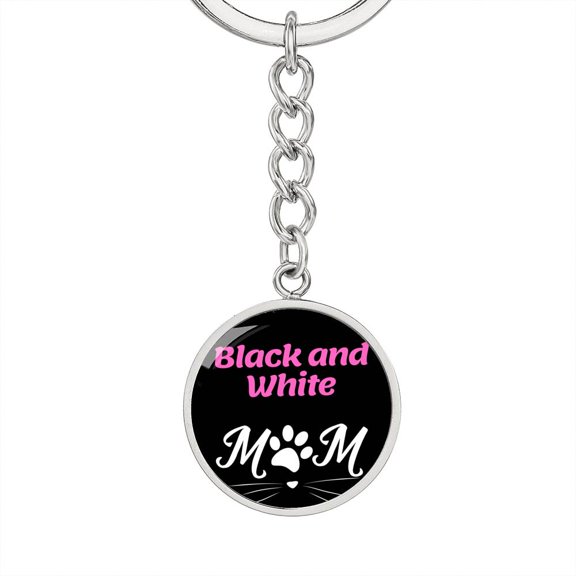 Black And White Cat Mom Keychain Stainless Steel or 18k Gold Circle Pendant