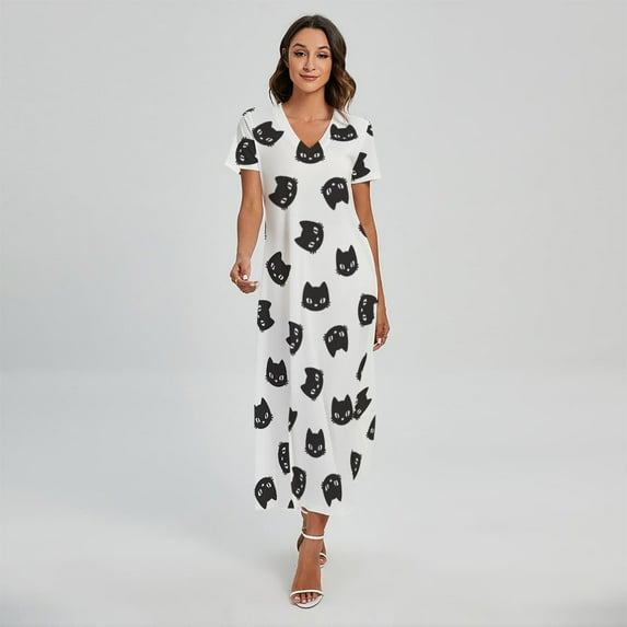 Black And White Cat Pattern Printed Short Sleeve Maxi Dress, Pet Cat Fashion Summer Maxi Dress For Women