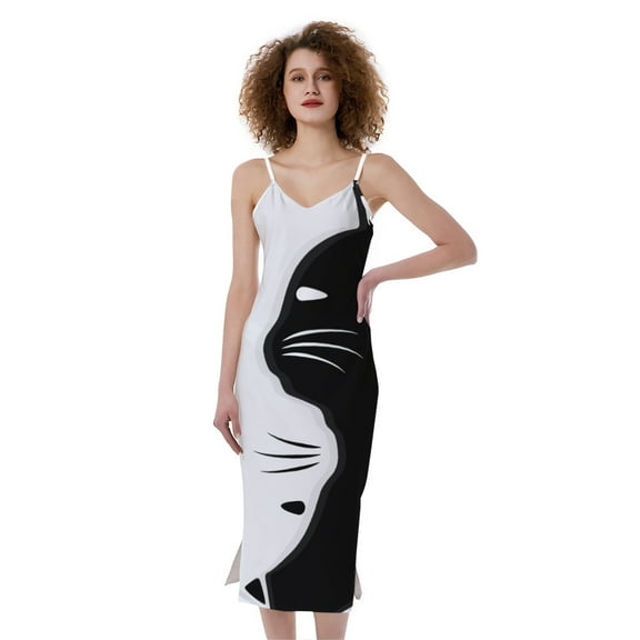 Black And White Cat Yin Yang Print Slim Fit Midi Cami Dress, Pet Cat Fashion Summer Maxi Sexy Casual Dress For Women