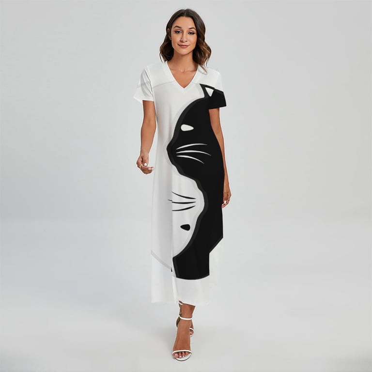 NOBRAND Black and White Cat Yin Yang Printed Short Sleeve Maxi Dress, Pet Cat Fashion Summer Maxi Dress for Women, Women's, Size: 3XL