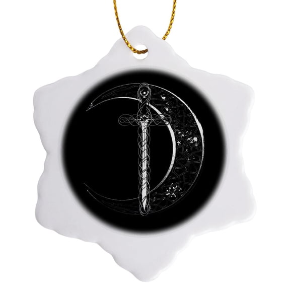 3drose, Black and White Celtic Fantasy Inspired Sword and Celtic Moon., 3 inch Snowflake Porcelain Ornament