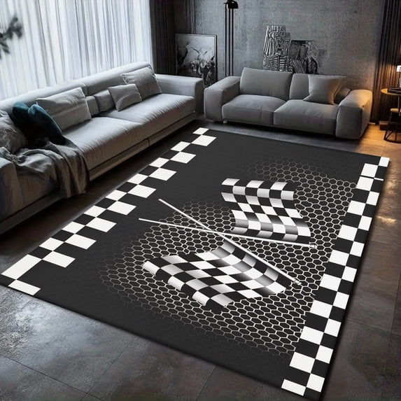 Black And White Checkered Border With Wavy Flag Pattern Area Rug for ...