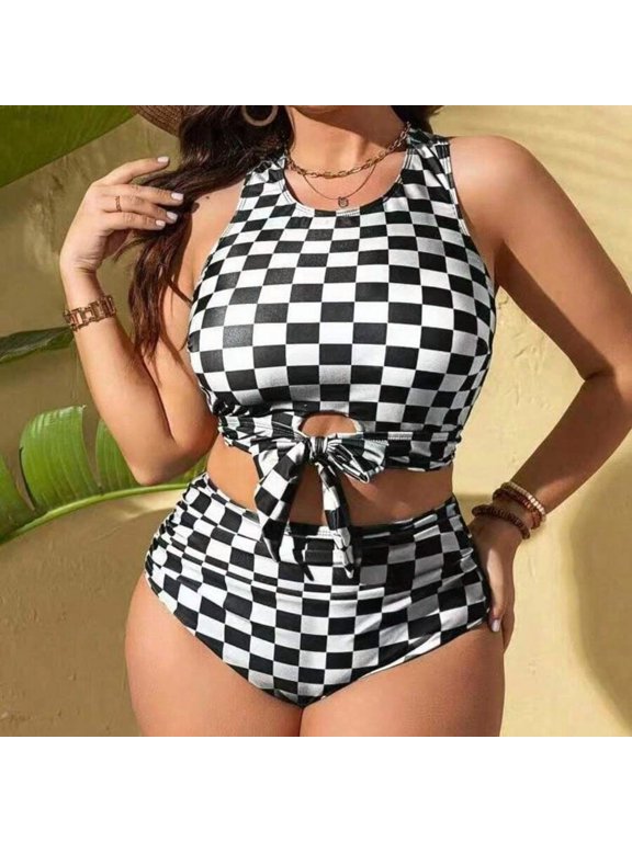 Black And White Checkered High Waisted Bikini Set With Tie Front Cutout