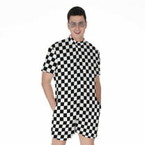 Black And White Checkered Pattern Short Sleeve Men'S Rompers, Checkered Caro Plaid Tartan Casual Summer Jumpsuits Outfit