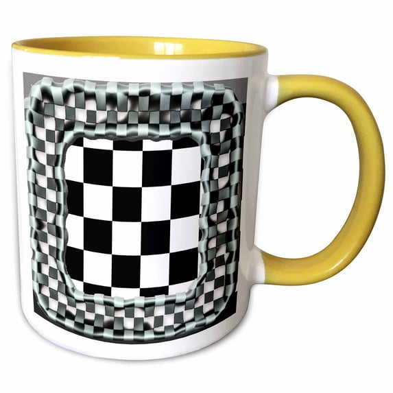 3drose, Black and White Checkered Pattern with Checkered Frame, 15oz Two-tone Yellow Mug