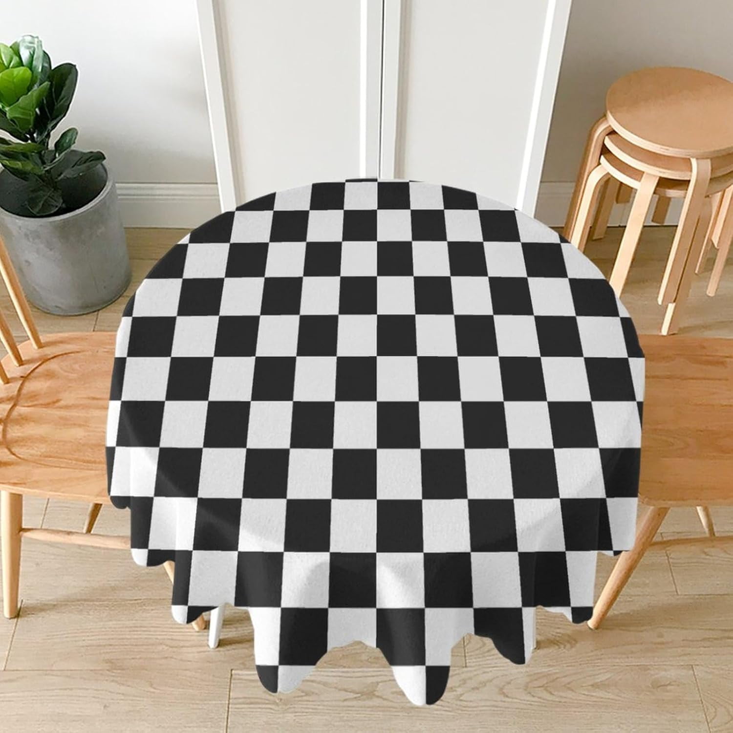 Black And White Checkered Water Resistant Tablecloth, Round Table Cloth