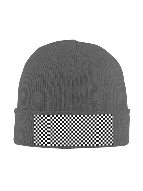 Black And White Checkered Winter Beanie Hats for Men Women Warm Cozy Knitted Cuffed Skull Cap Deep Heather