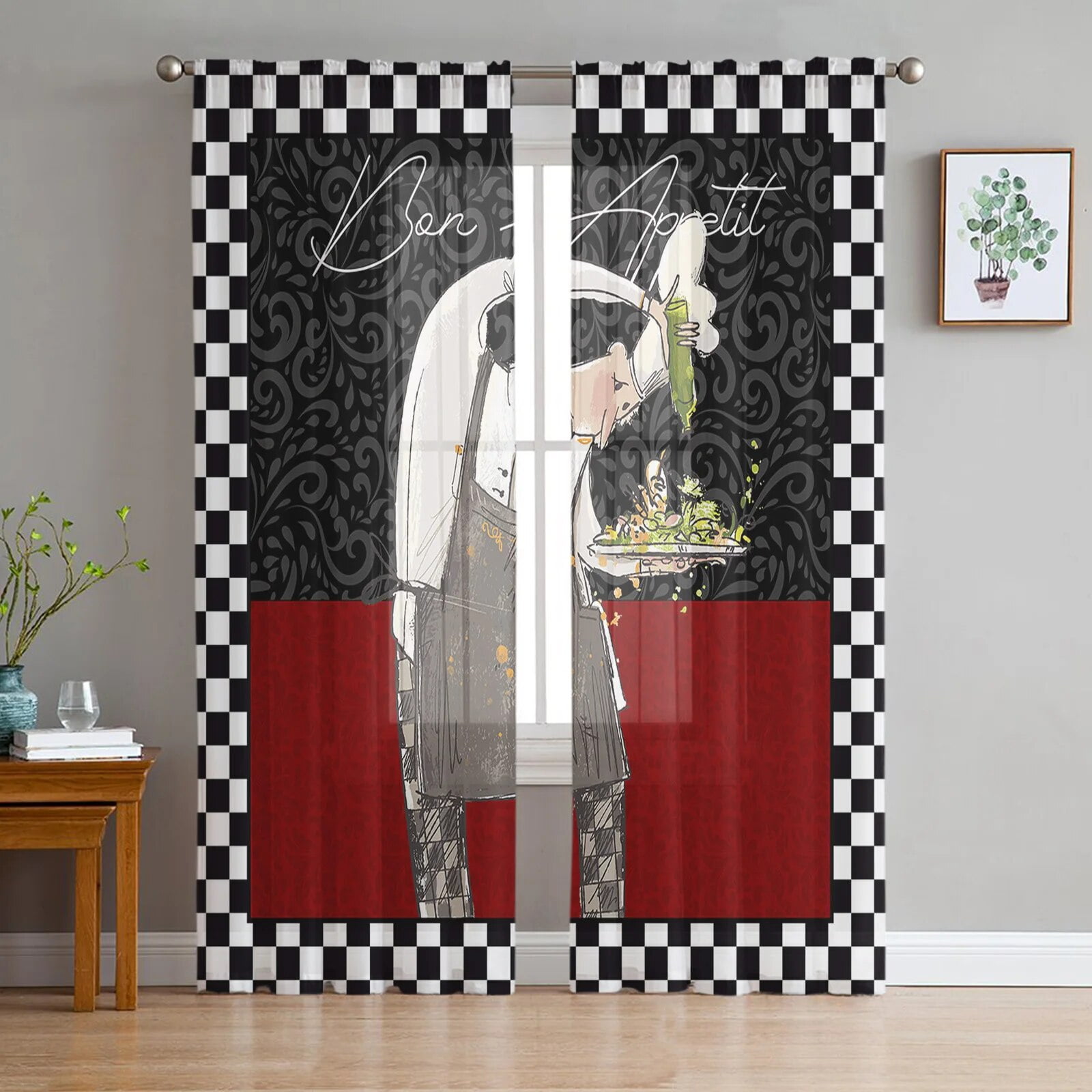 Black And White Chefs Kitchen Food Retro Chiffon Sheer Curtains for