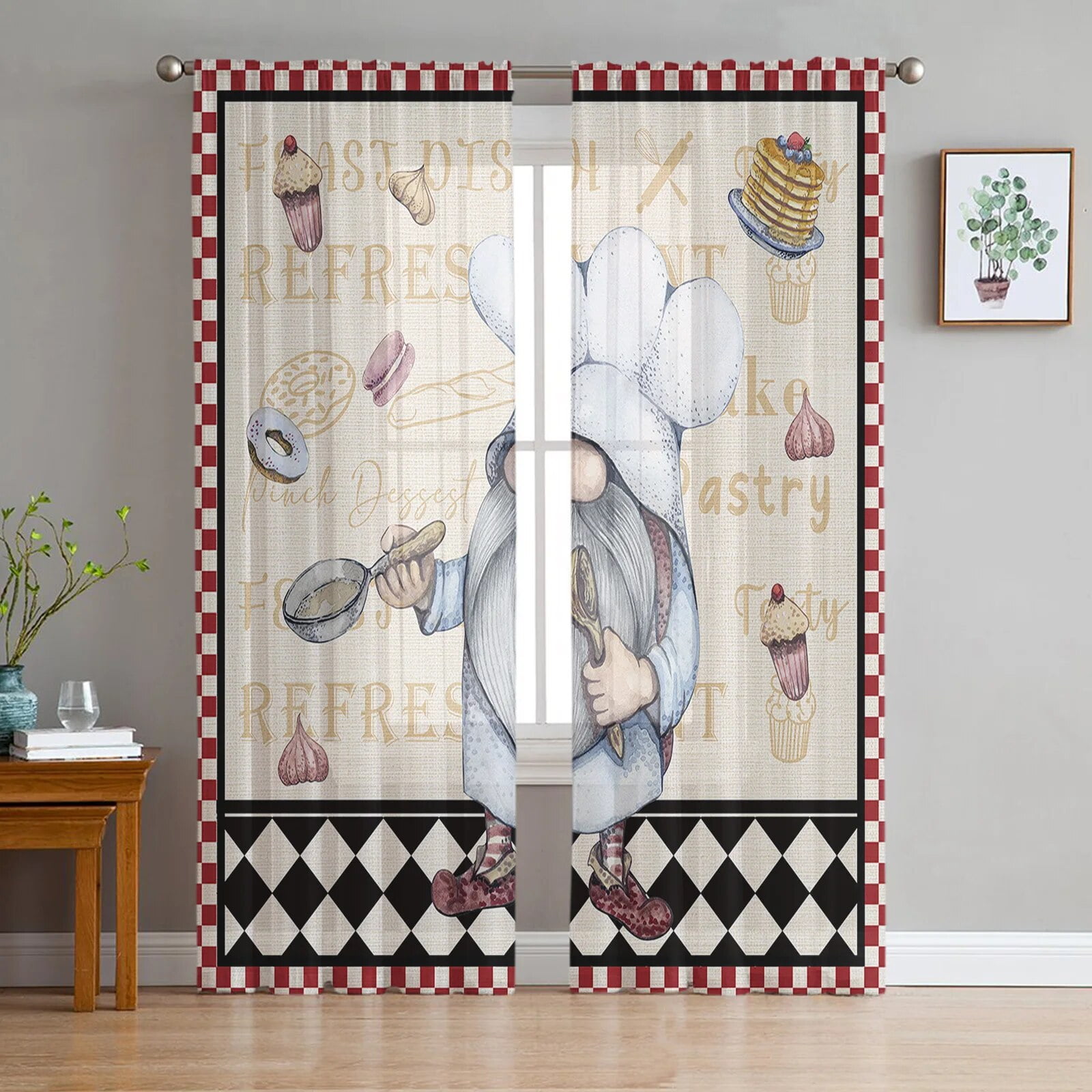 Black And White Chefs Kitchen Food Retro Chiffon Sheer Curtains for