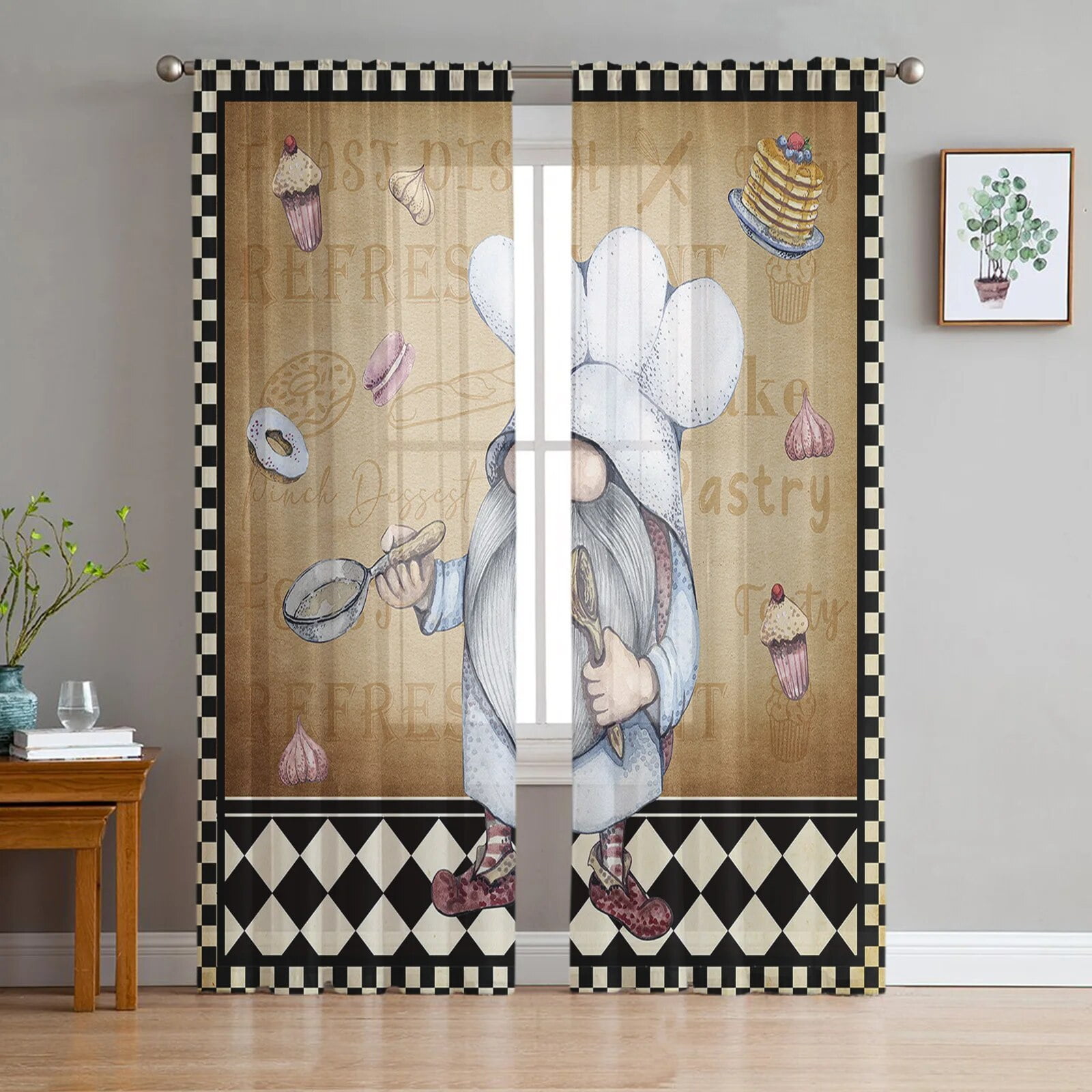 Black And White Chefs Kitchen Food Retro Chiffon Sheer Curtains for