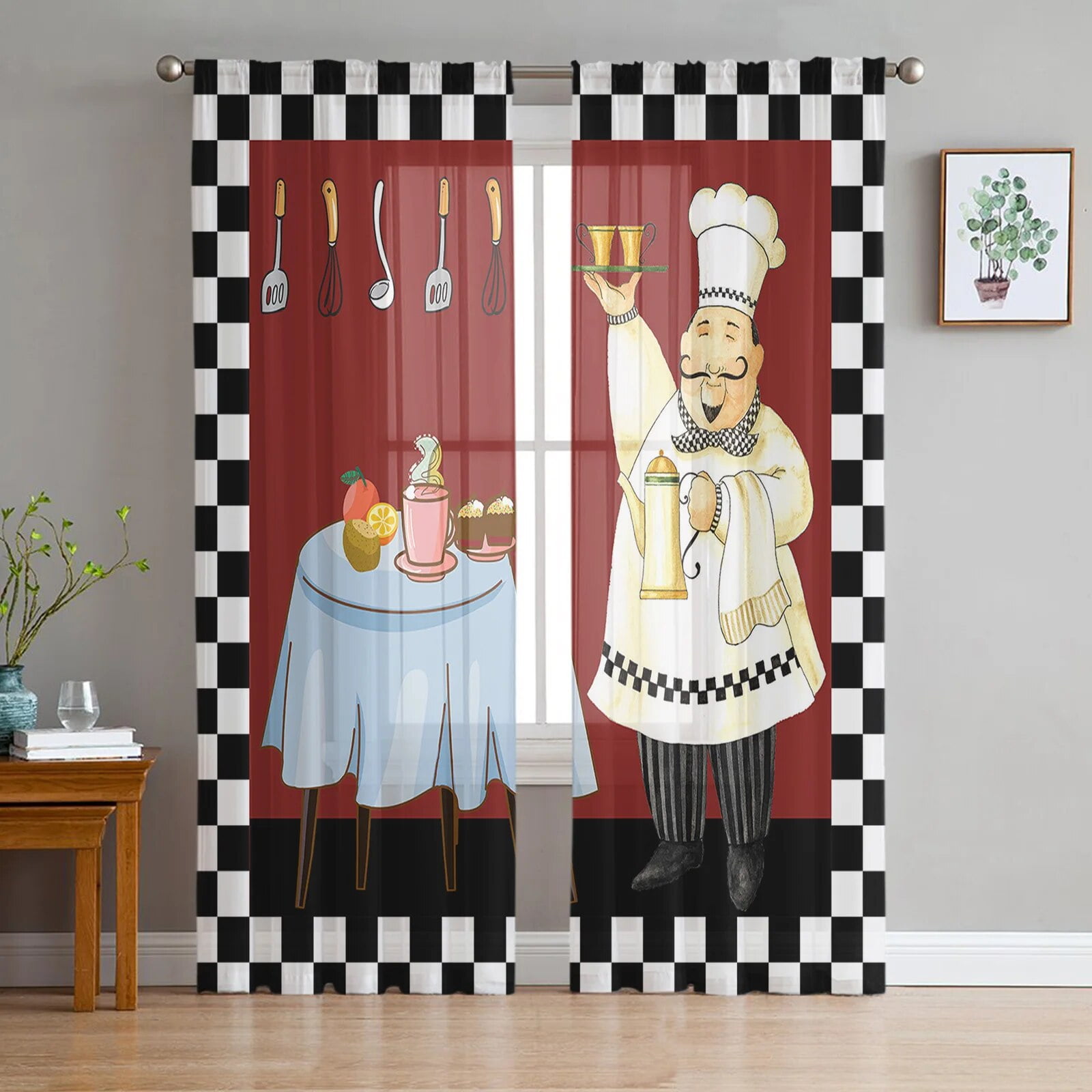 Black And White Chefs Kitchen Food Retro Chiffon Sheer Curtains for