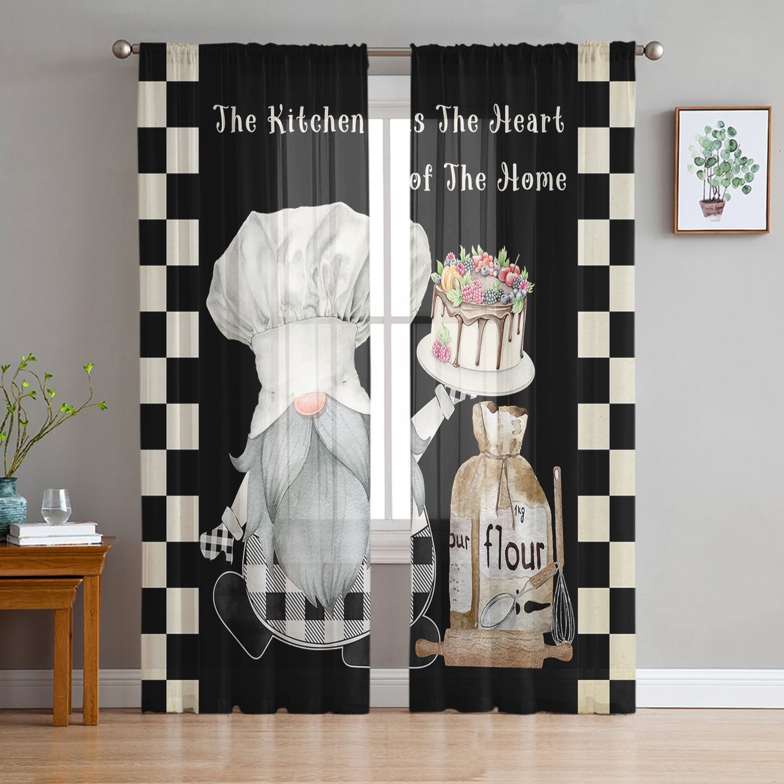 Black And White Chefs Kitchen Food Retro Chiffon Sheer Curtains for