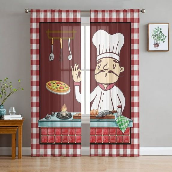 Black And White Chefs Kitchen Food Retro Chiffon Sheer Curtains for Living Room Home r Window Voile Tulle Curtain Drapes