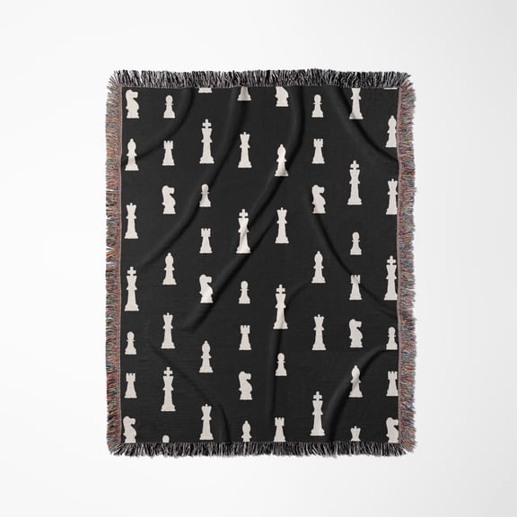 Black And White Chess Piece Pattern - Checkmate Game Pieces For The Chess Fan Player Master Hobbyist, Woven Blanket