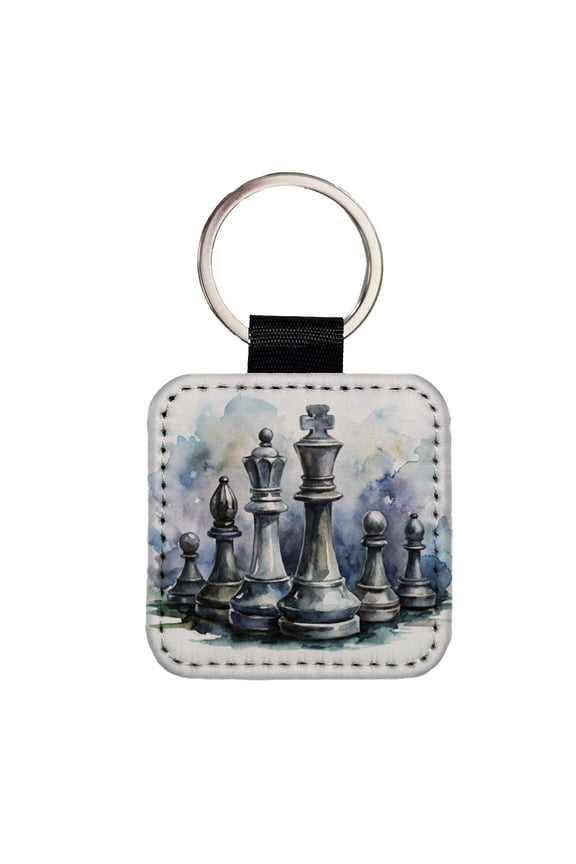Black And White Chess Pieces Watercolor Faux Leather Square Keychain