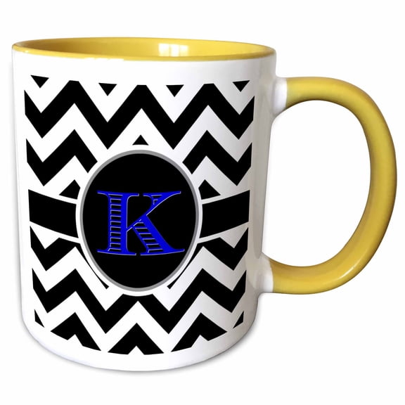 3drose, Black and White Chevron Monogram Blue Initial K, 11oz Two-tone Yellow Mug