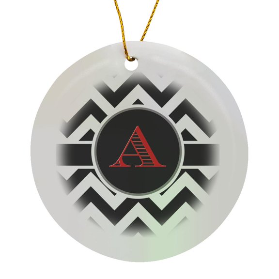 3drose, Black and White Chevron Monogram Red Initial A, Circle Porcelain Ornament