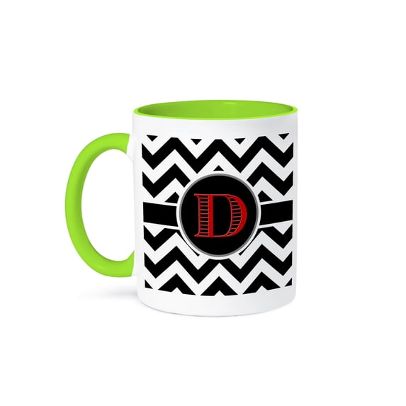 3dRose, Black and white chevron monogram red initial D, 15oz Two-Tone Green Mug