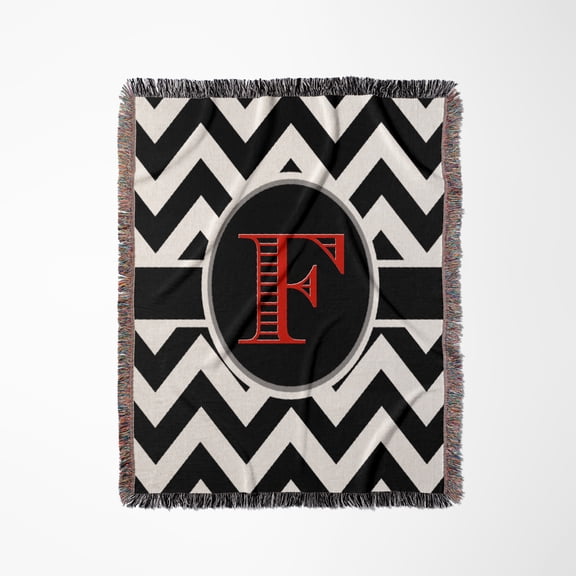 Black And White Chevron Monogram Red Initial F, Woven Blanket