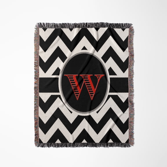 Black And White Chevron Monogram Red Initial W, Woven Blanket