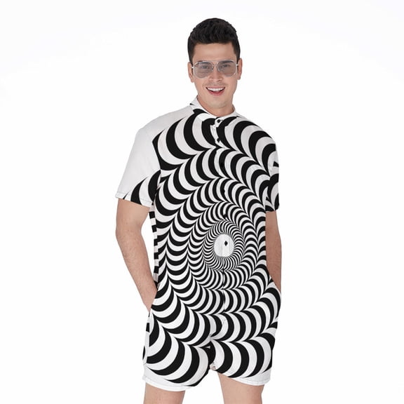 Black And White Circle Illusion Short Sleeve Men'S Rompers Casual Summer Jumpsuits Outfit