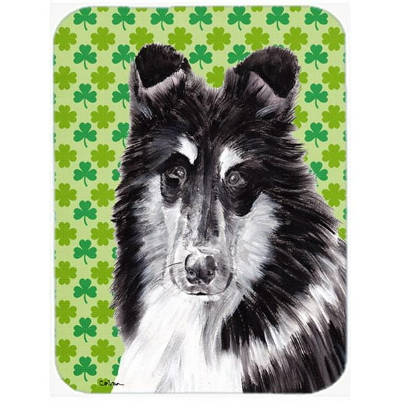 Black And White Collie Lucky Shamrock St. Patricks Day Glass Cutting Board - Large