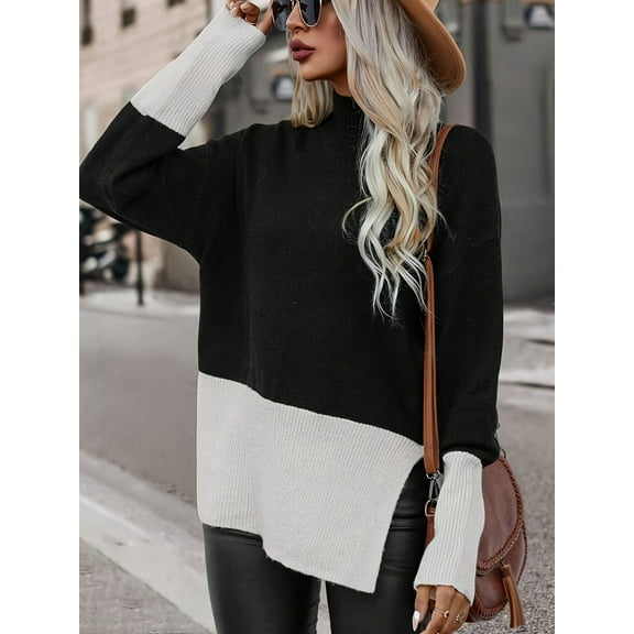 Black And White Color Block Turtleneck Sweater