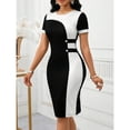 thumbnail image 1 of Black And White Colorblock Round Neck Short Sleeve Bodycon Pencil Dress For Women Slim Fit Waist Cinched Party Dress, 1 of 5