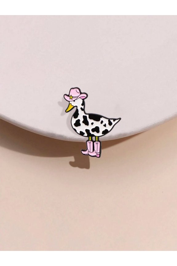 Black And White Cow Print Duck Brooch Pin With Pink Hat And Boots