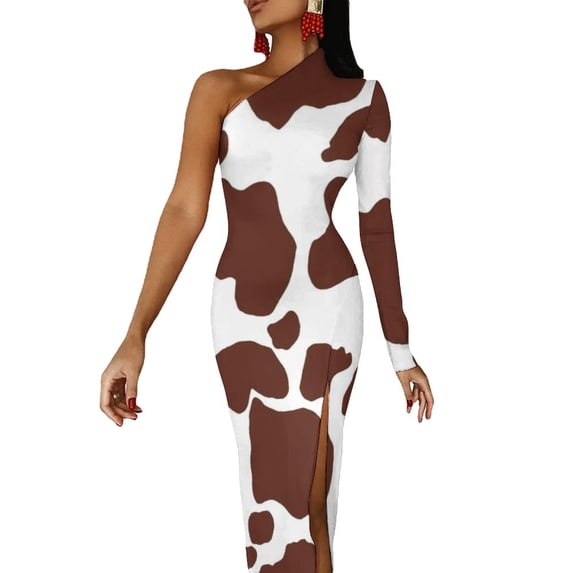 Black And White Cow Print Maxi Dress Cow Spots Pattern Party Bodycon Dresses Summer High Slit Night Club Dress Female Vestido