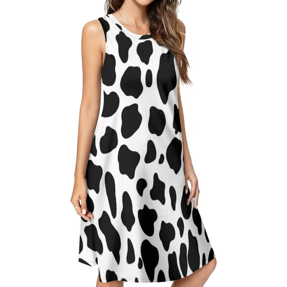 Black And White Cow Print Spring Summer Dresses for Women Fashion T-shirt Dress Casual Sleeveless Loose Sundress with Pockets
