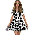 thumbnail image 1 of Black And White Cow Print Women Dress V-Neck Short Sleeve Flowy Swing Party Midi Dress, 1 of 4
