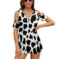 thumbnail image 1 of Black And White Cow Print Womens Summer V Neck Zipper Top Short Sleeve T Shirt Off Shoulder Top Casual Classy Loose Shirts, 1 of 7
