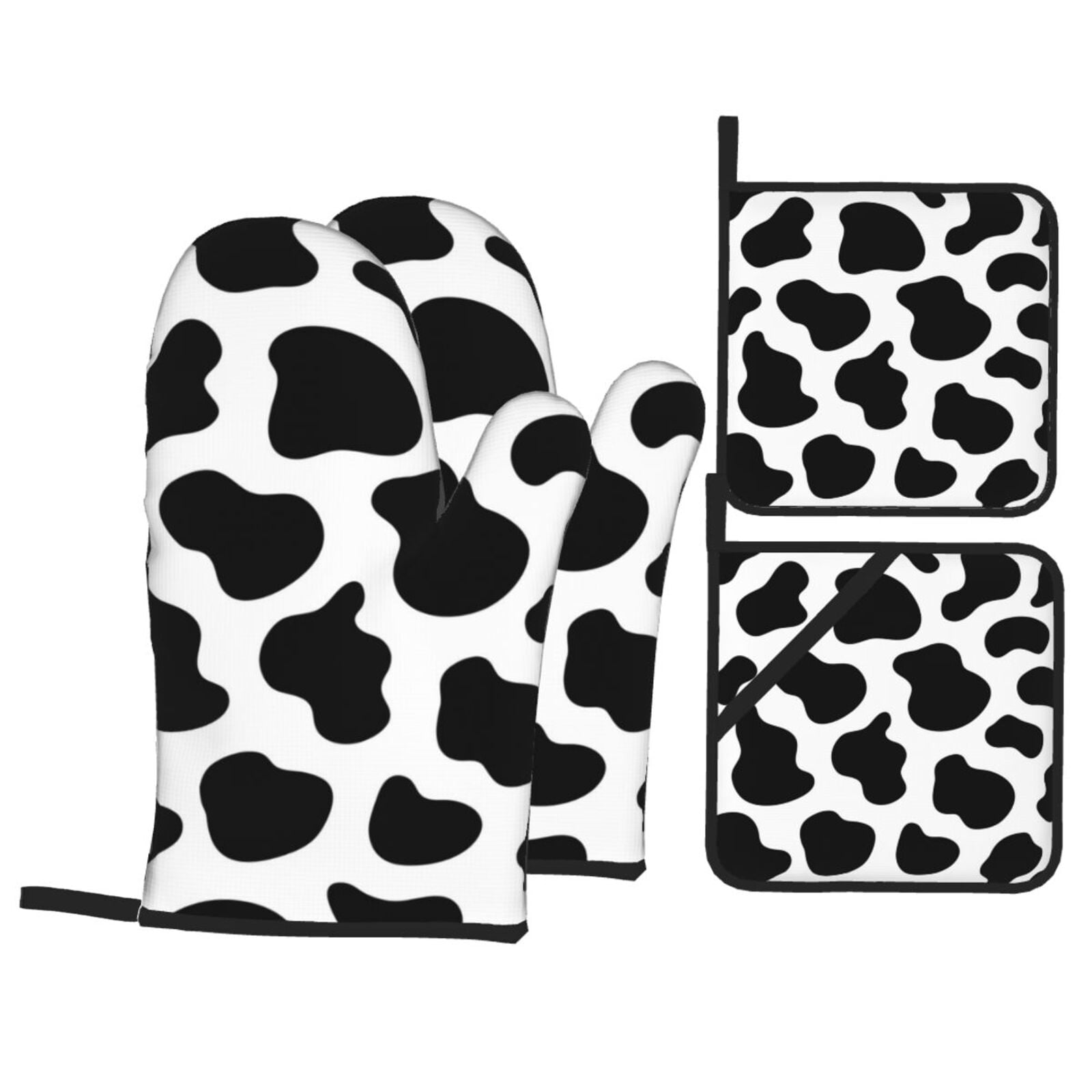 Black And White Cow Skin Print 4Pcs Oven Mitts and Pot Holders Sets Oven Kitchen Gloves Hot Pads for Cooking BBQ Baking Grilling