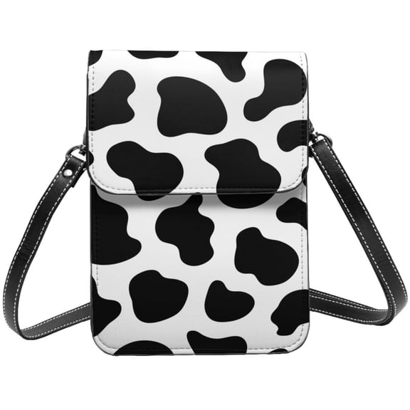 Black And White Cow Skin Print Cell Phone Purse Small Crossbody Bag with Strap Credit Card Slots Leather Shoulder Wallet for Women