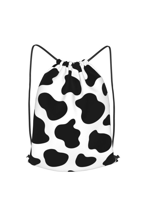 Black And White Cow Skin Print Drawstring Backpack Gym String Bag Sports Sackpack Cinch Sack, Small