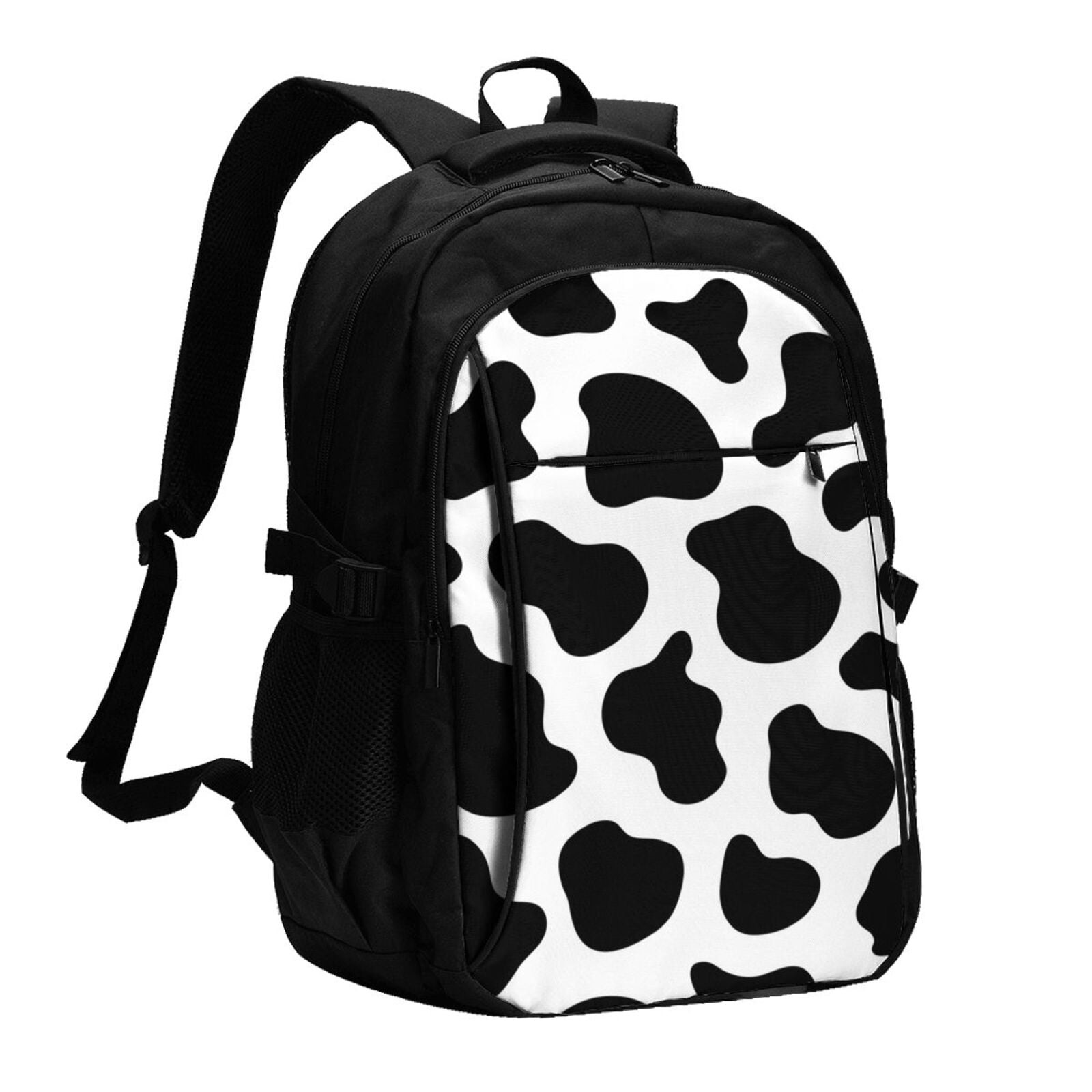 Black And White Cow Skin Print Laptop Backpack with USB Charging Headphone Port Casual Daypack Bag College Business Travel