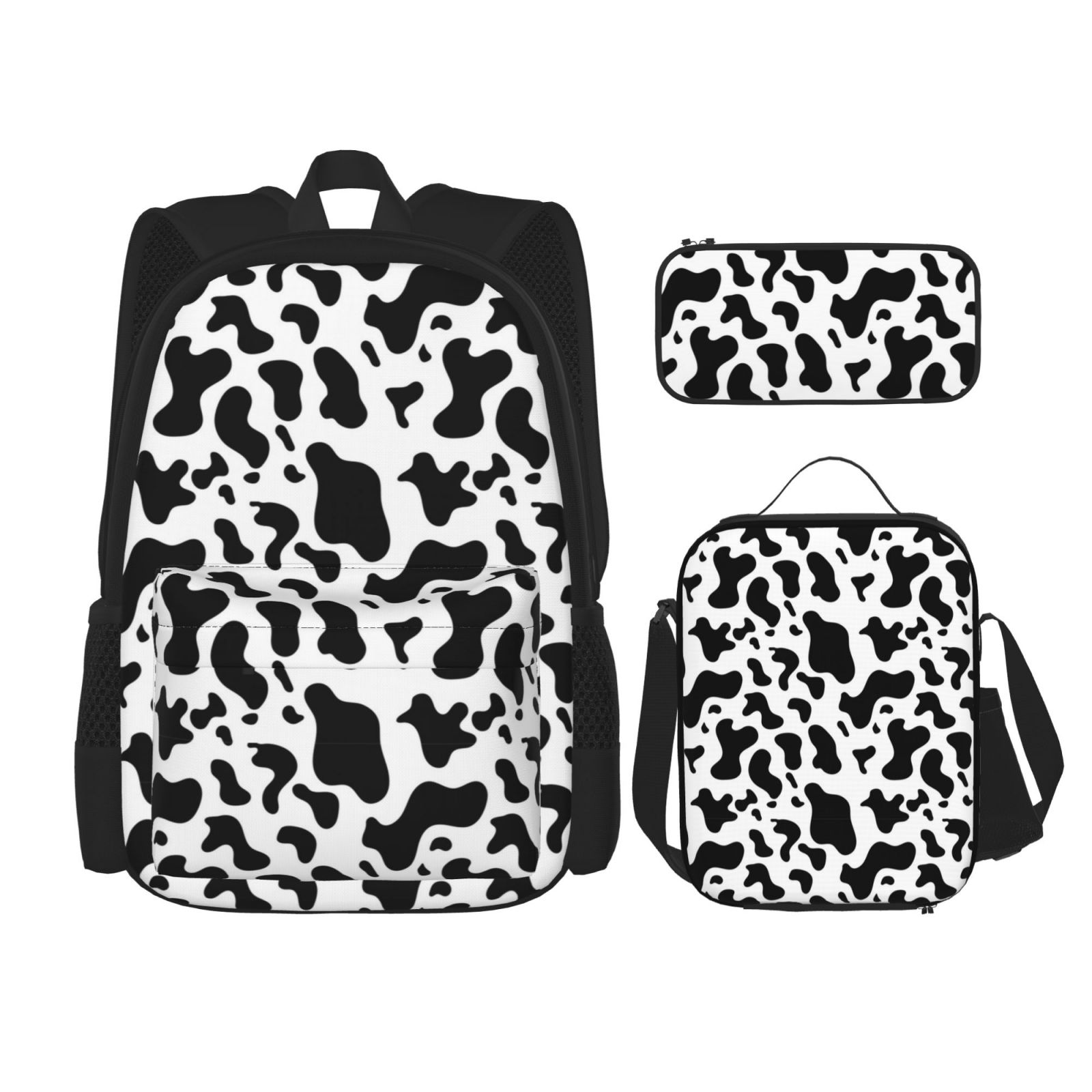 Black And White Cow Spots Print Backpack Set 3 Pcs Bookbag With Lunch ...
