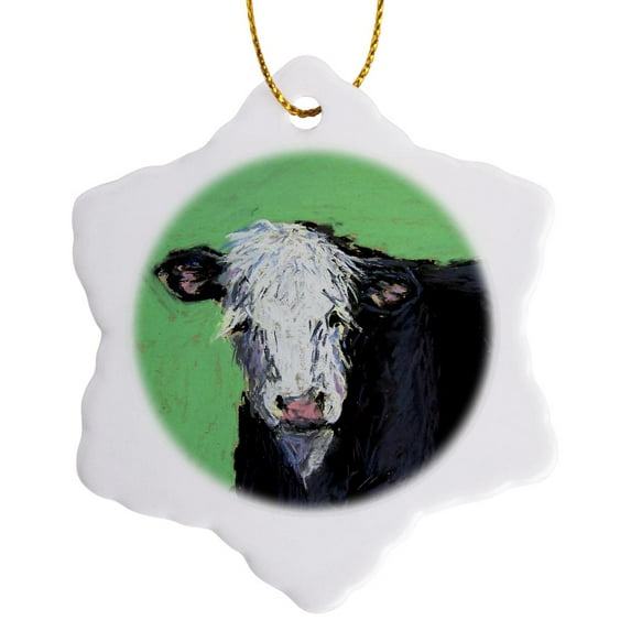 3drose, Black and White Cow with Perfectly Pink Nose Against a Field of Green., 3 inch Snowflake Porcelain Ornament