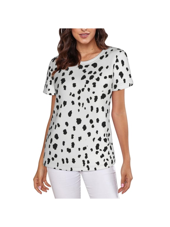 Black And White Dalmatian Spot Dots T-Shirt Crew Neck Short Sleeve Full-Print for Women