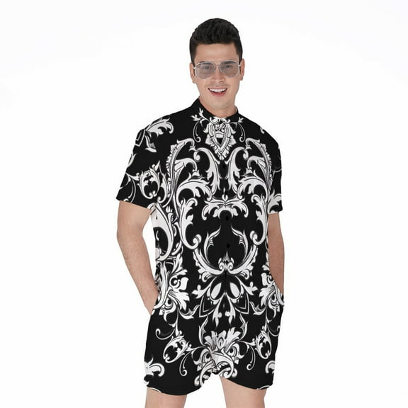 Black And White Damask Pattern Short Sleeve Men'S Rompers Casual Summer Jumpsuits Outfit