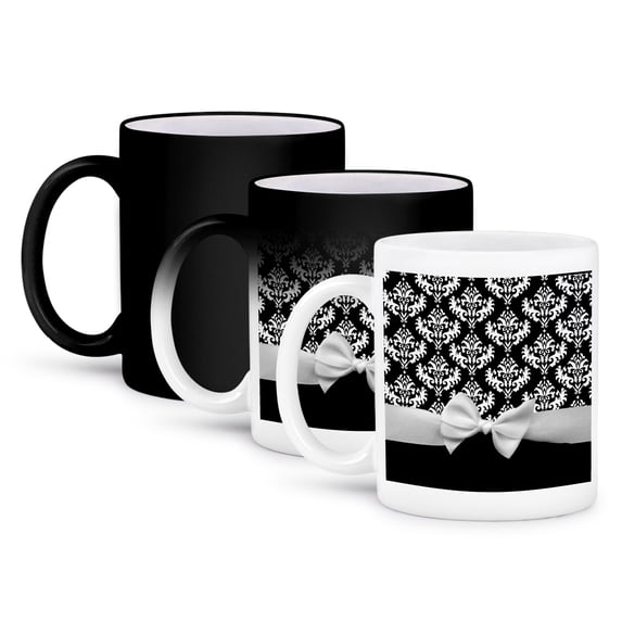 3dRose, Black and White Damask pattern with elegant and classy white ribbon bow for stylish women, 11oz Magic Transforming Mug