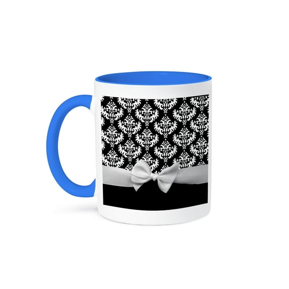 3dRose, Black and White Damask pattern with elegant and classy white ribbon bow for stylish women, 11oz Two-Tone Blue Mug