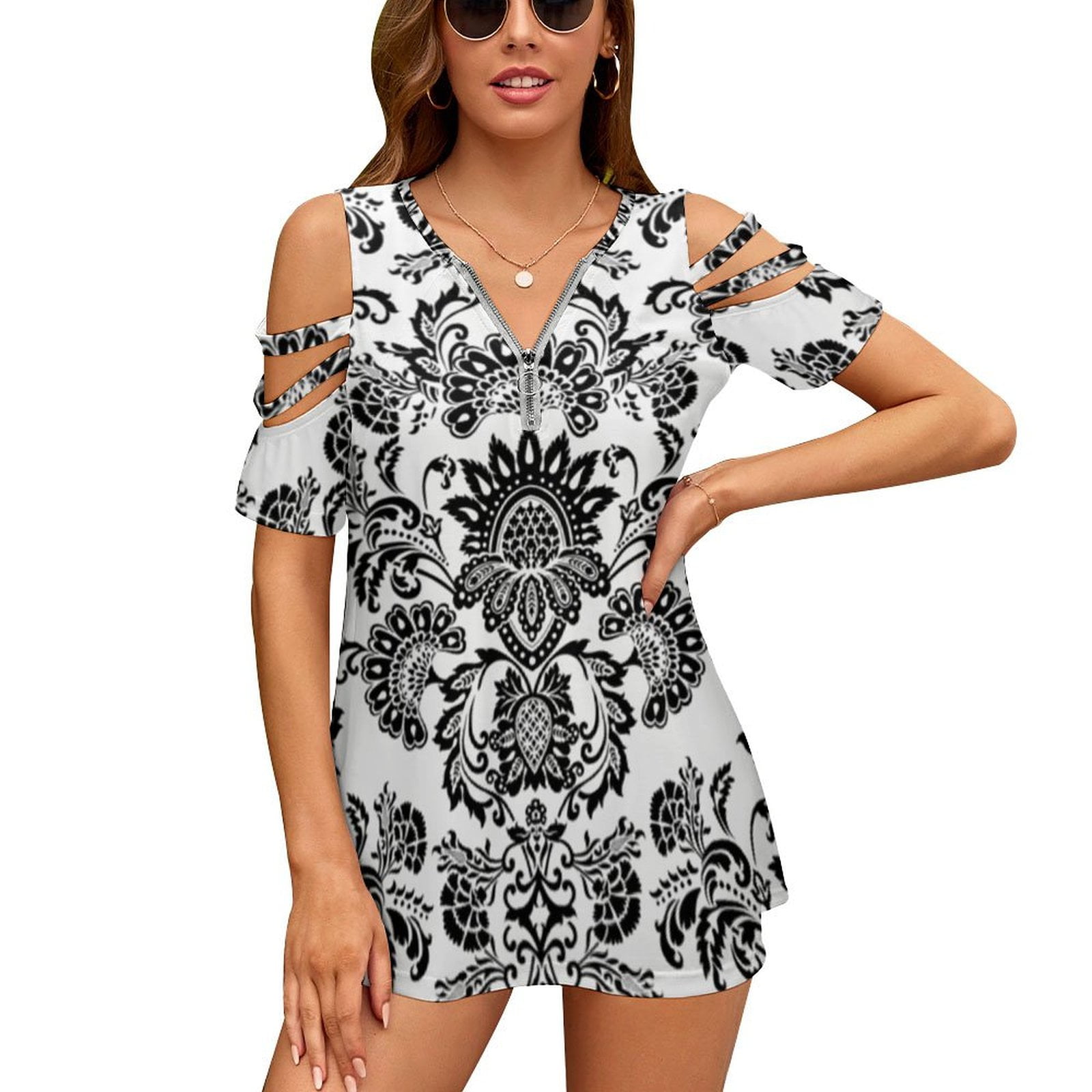 Black And White Damask Ruffle Short Sleeve TShirt Women's Print