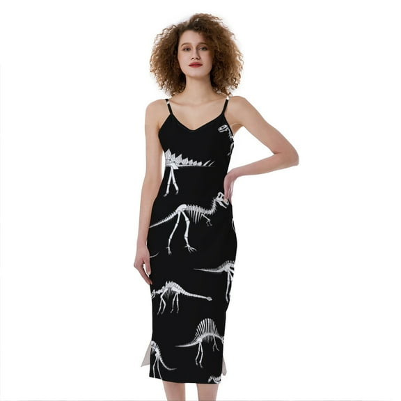 Black And White Dinosaur Fossil Print Slim Fit Midi Cami Dress, Dinosaur Fashion Summer Maxi Sexy Casual Dress For Women