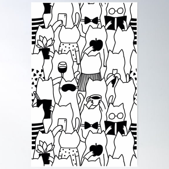 Black And White Doodle Everyday Cats Community. Poster Wall Art, Modern Wall Decor For Living Room Bedroom, 8x12 UNFRAMED