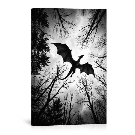 Black And White Dragon Silhouette Gothic Fantasy Forest For Home Canvas