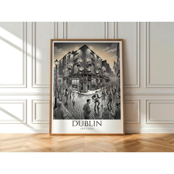 Black And White Dublin Temple Bar Wall Art Ireland Nightlife Print Monochrome Dublin Decor, Unframed Paper Print