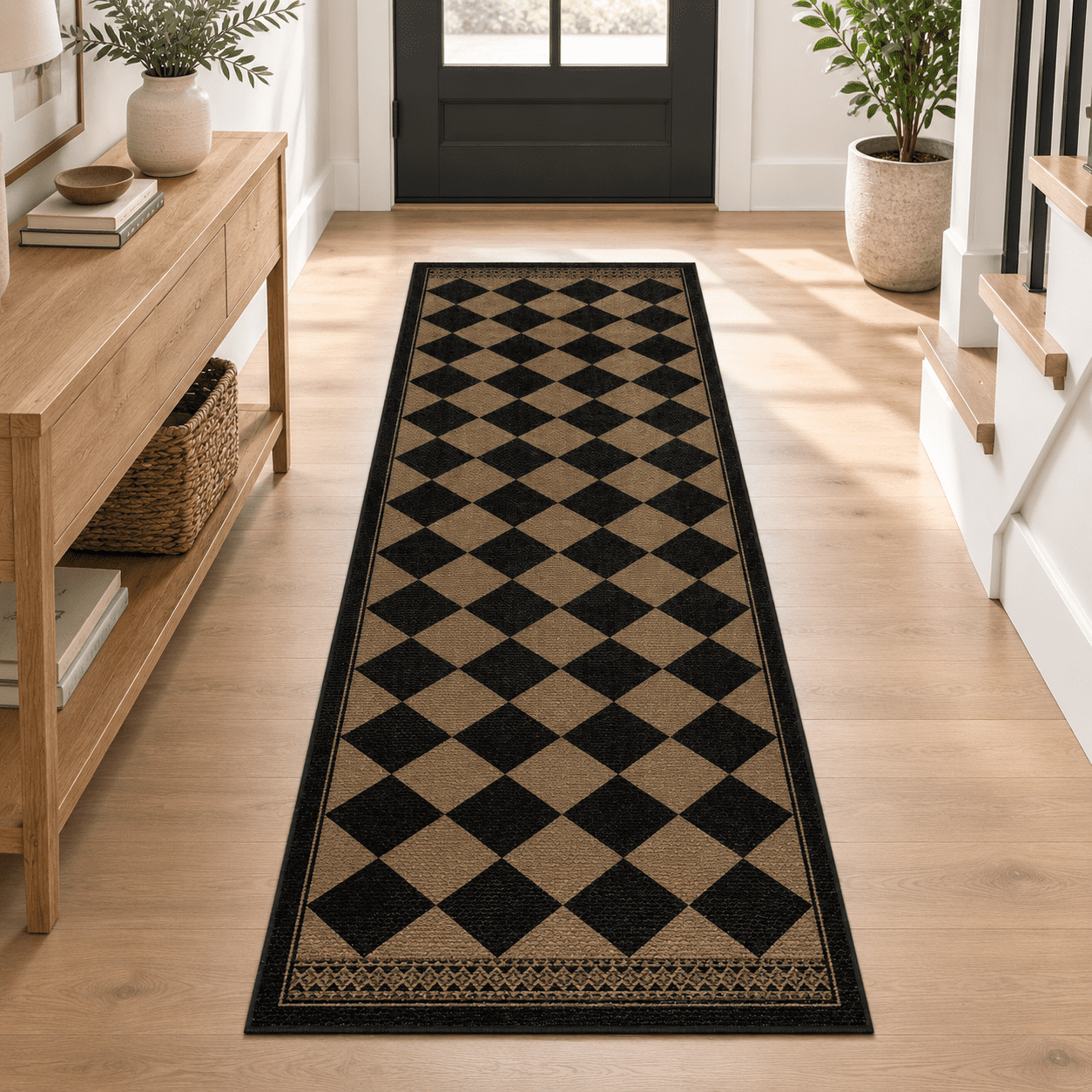 Black And White Easy Jute Checkered Runner Rug 2x6 Washable Kitchen Non ...